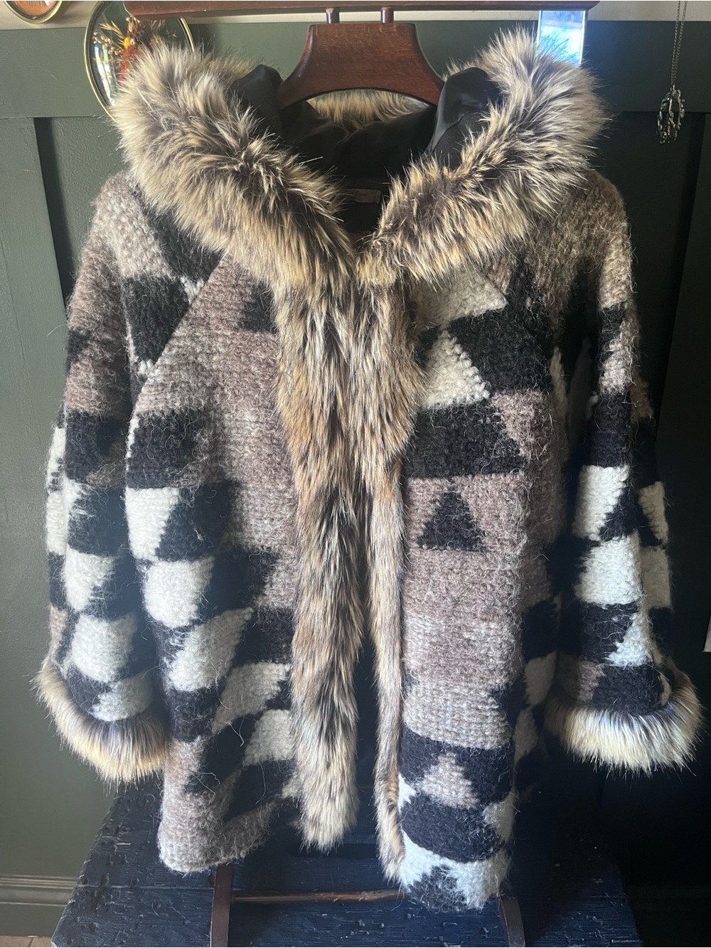 Faux-Fur Trimmed Geometric Knit Hooded Coat — Brown/Black/Cream